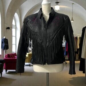 UNIK Leather Apparels Black Fringe Biker Jacket Purple Rose Embroidery Small